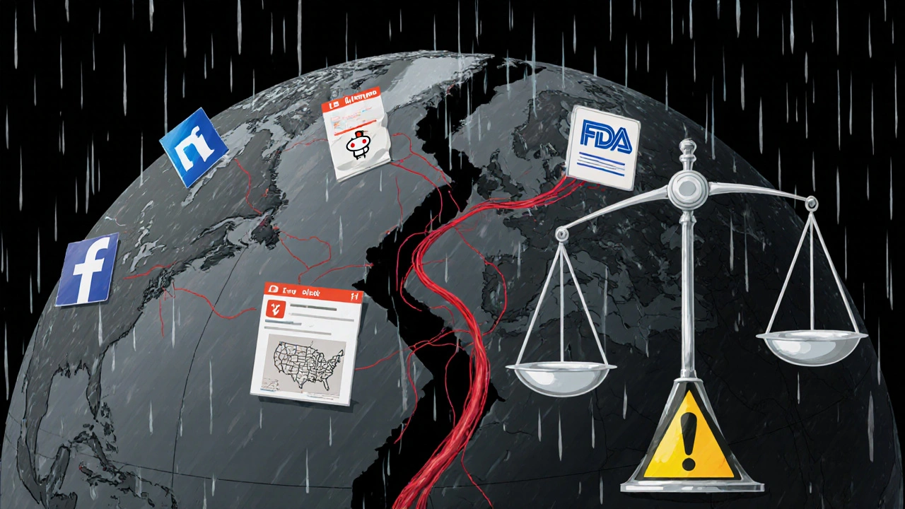 A fractured globe showing connected social media data gaps in elderly and non-English regions, with one red thread leading to FDA.