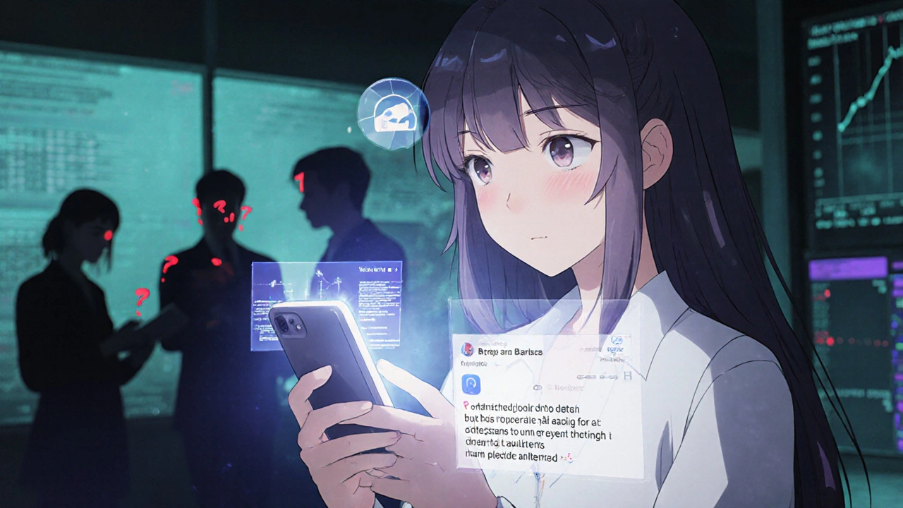 A woman posting about brain fog on her phone, with AI analysis overlays and analysts reviewing her post in the background.