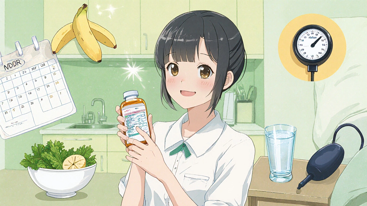 Anime character with morning pill, potassium‑rich foods, blood pressure monitor, and lab test reminders.