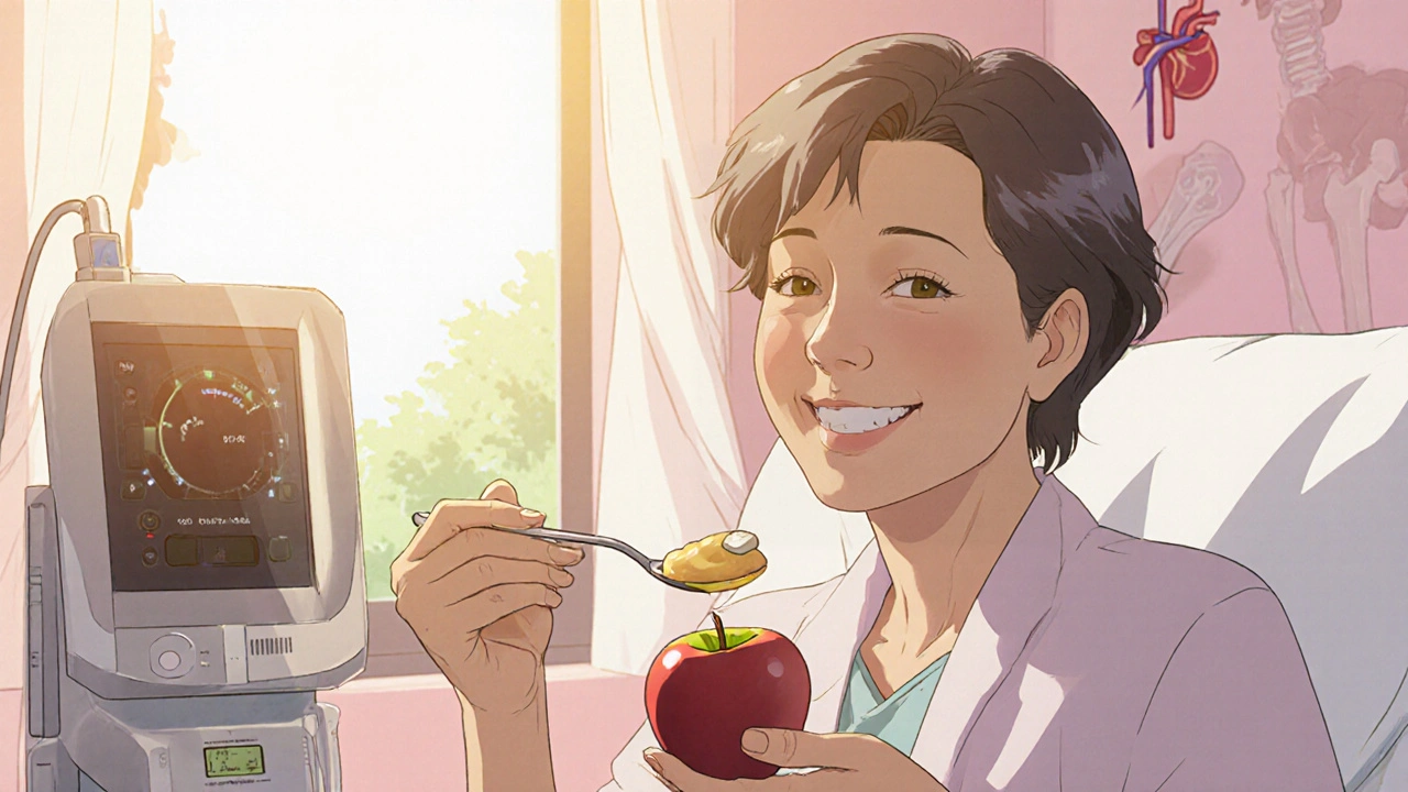 Anime depiction of a smiling patient taking Sevelamer with applesauce beside dialysis.