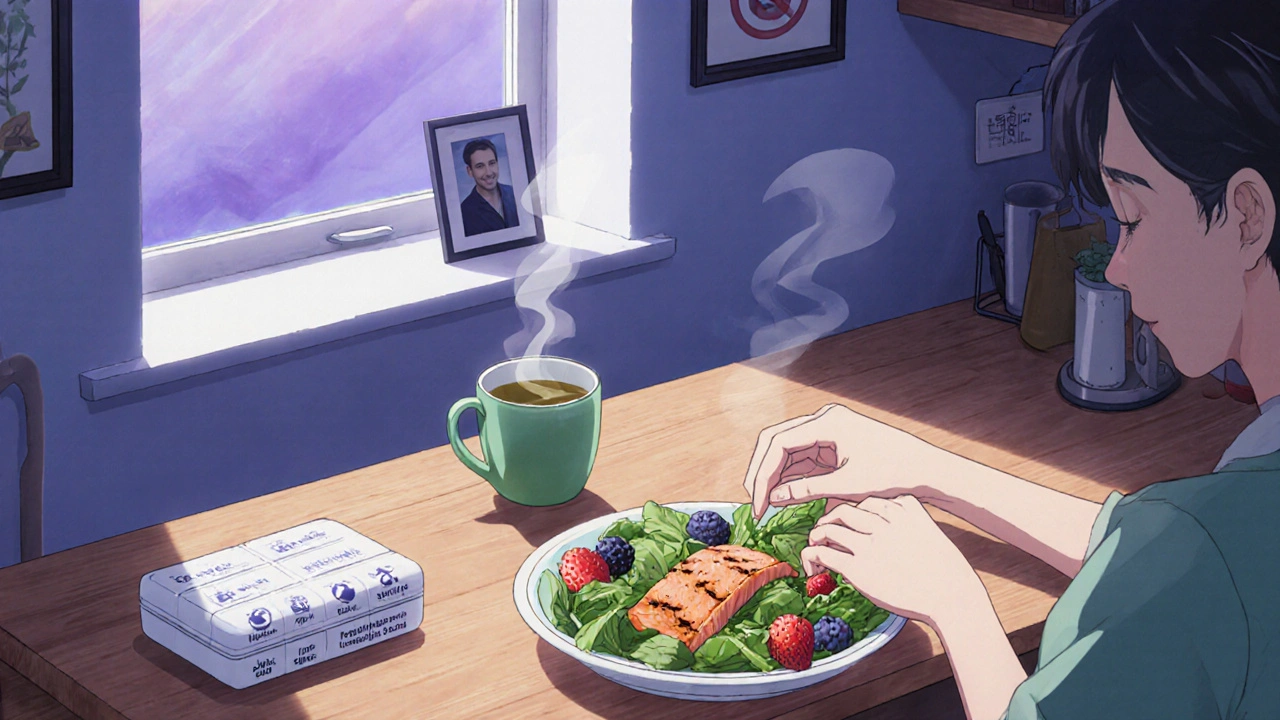 Anime kitchen scene of the patient preparing a healthy meal beside a pill box and heart‑healthy items.