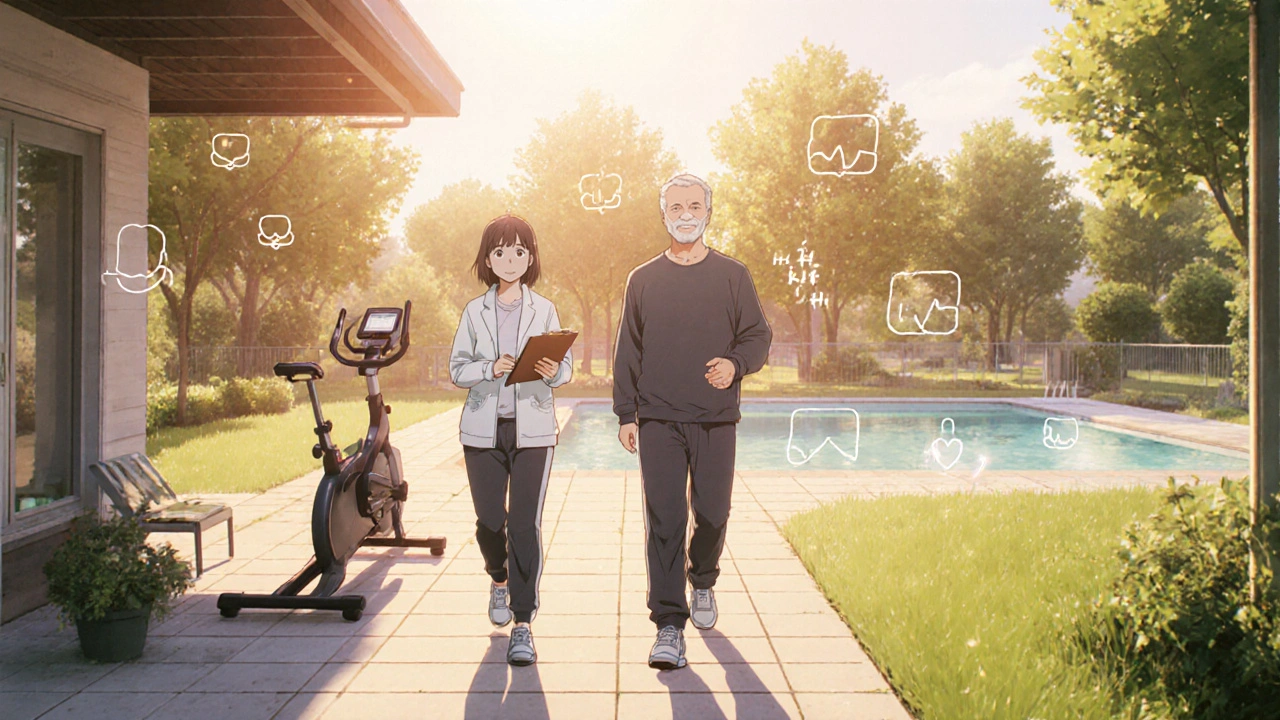 Anime scene of the patient walking in a sunny rehab garden with a physiotherapist and exercise equipment.