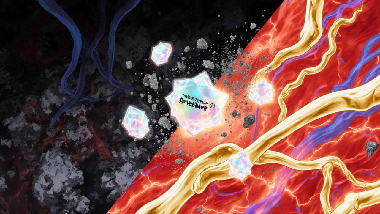 Anime split-scene showing unhealthy calcified arteries turning healthy with Sevelamer.