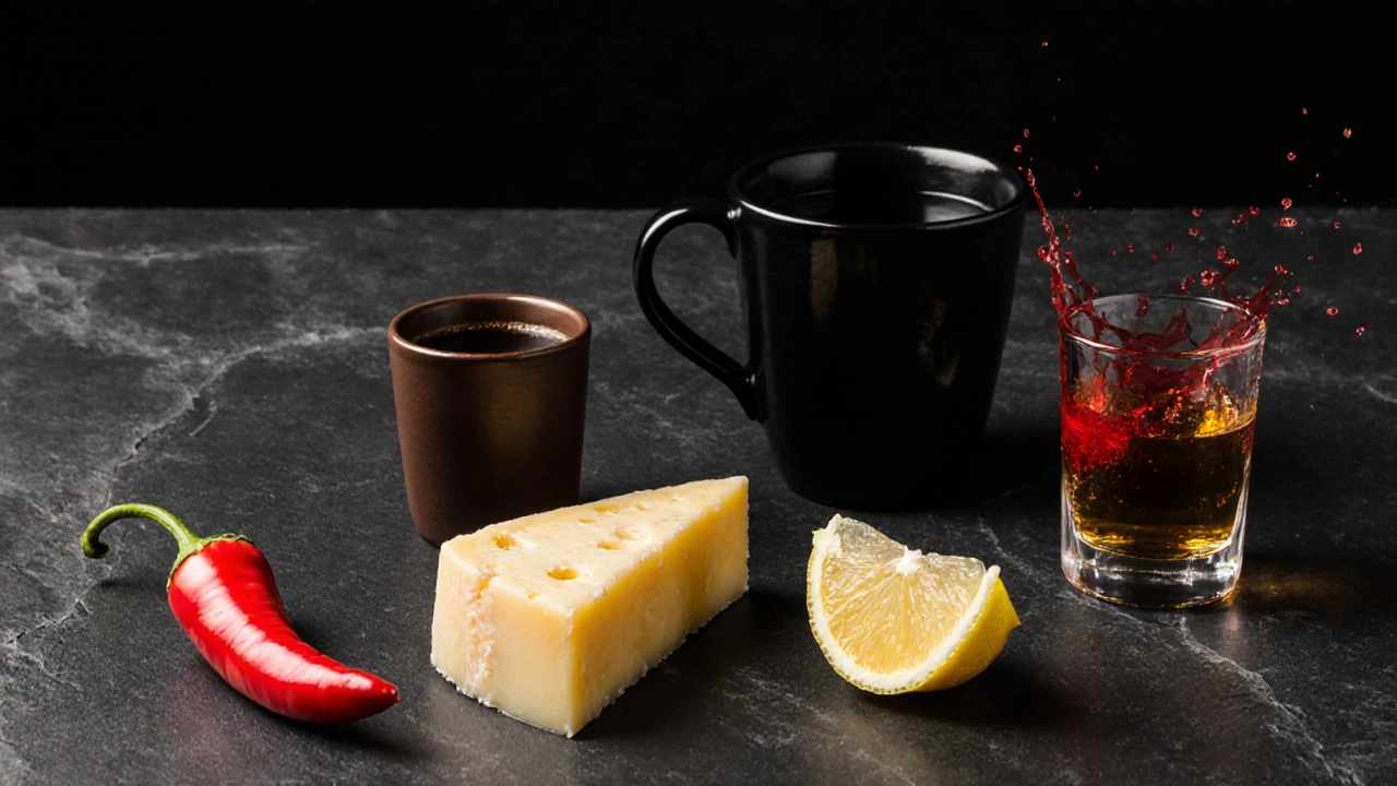 Array of warning foods: chili, coffee, cheese, lemon, liquor with bright color accents.