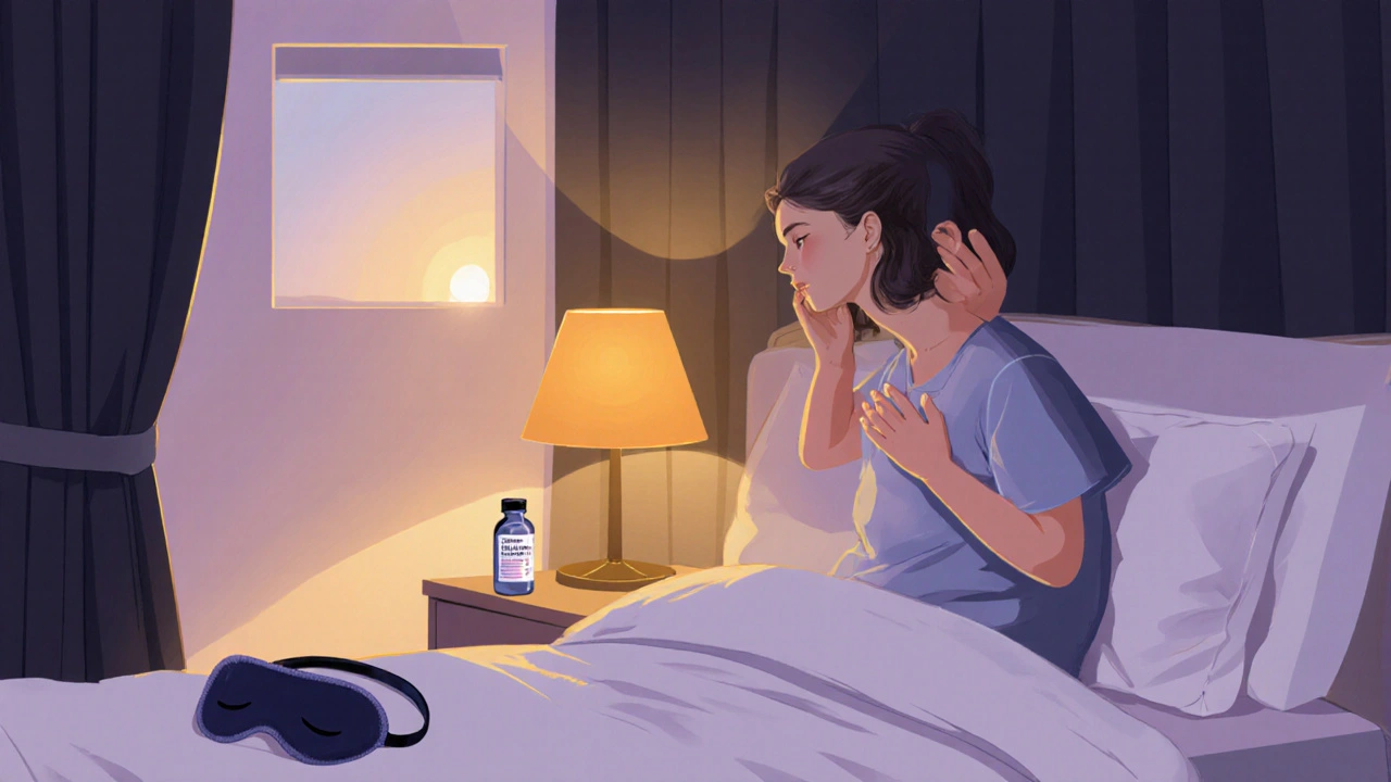 Bedside routine with breathing exercise, warm lamp, and melatonin bottle.