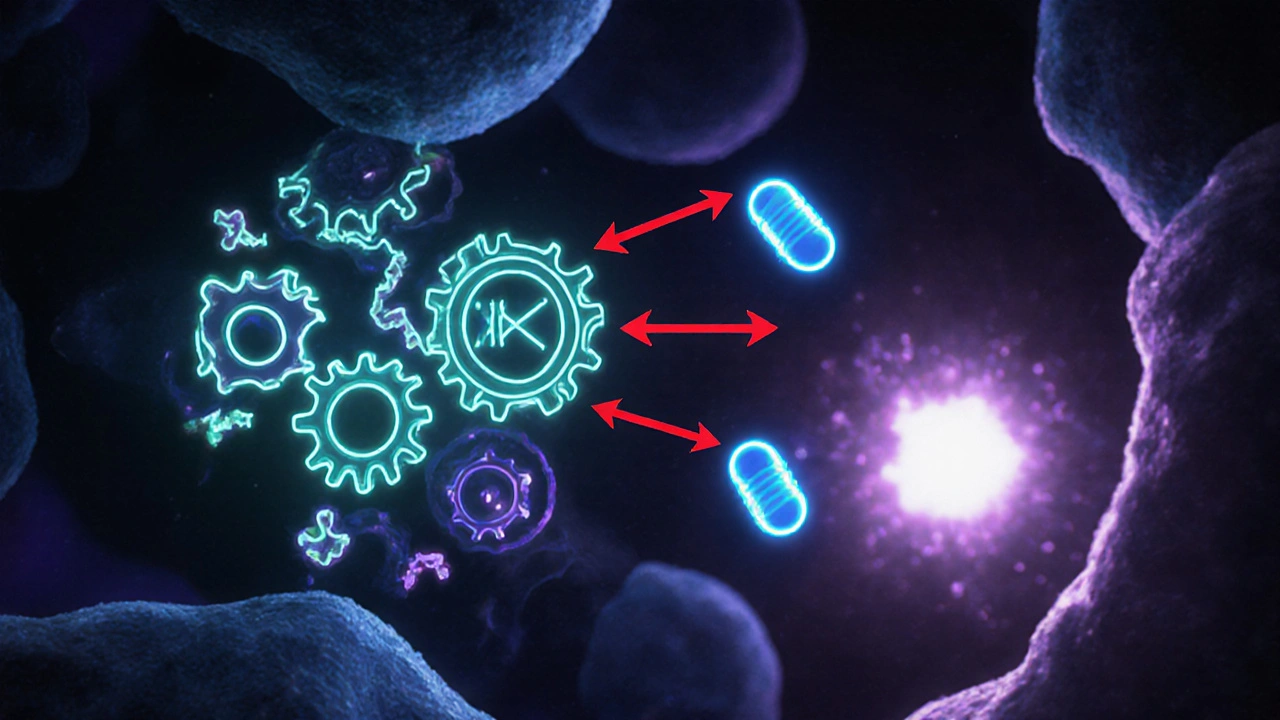 Cellular view showing Baricitinib capsules blocking glowing JAK1/2 gears and cytokine signals.