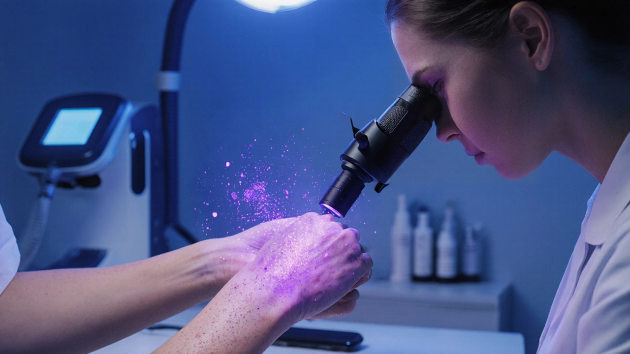 Dermatologist examining skin with a dermatoscope, laser equipment visible.