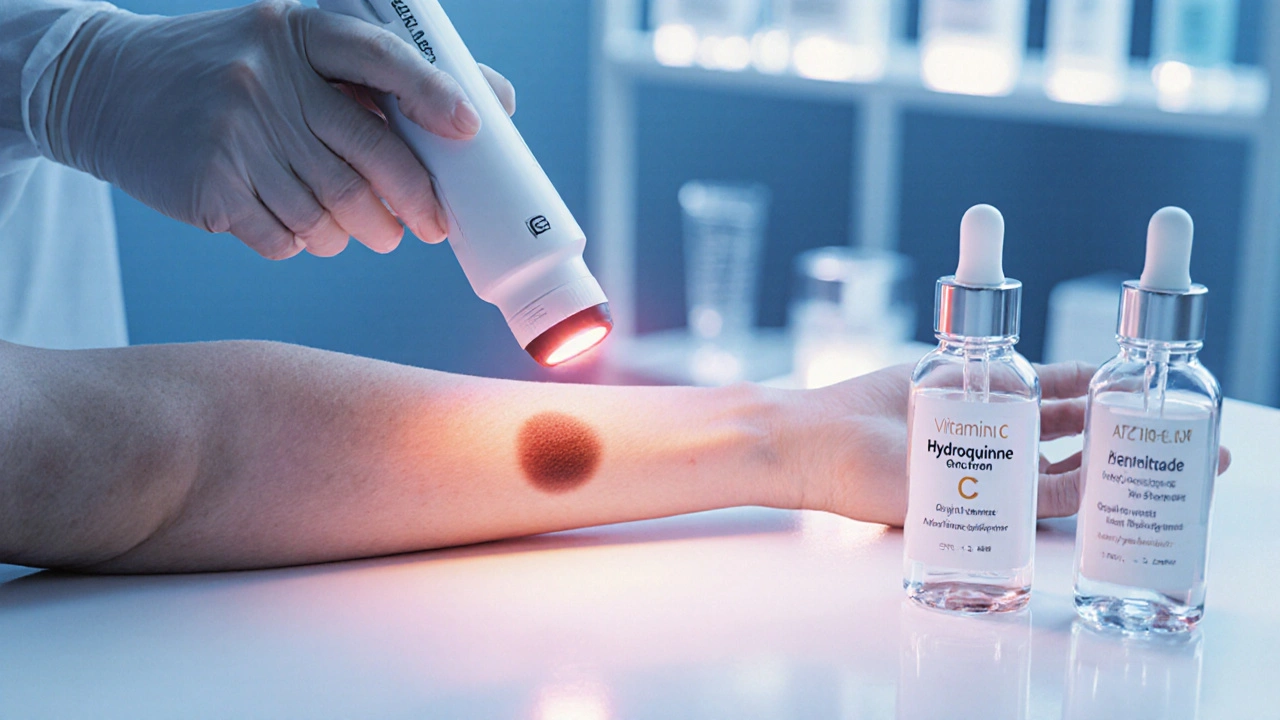 Dermatologist using laser on an age spot, with skincare products like vitamin C serum and sunscreen on the table.