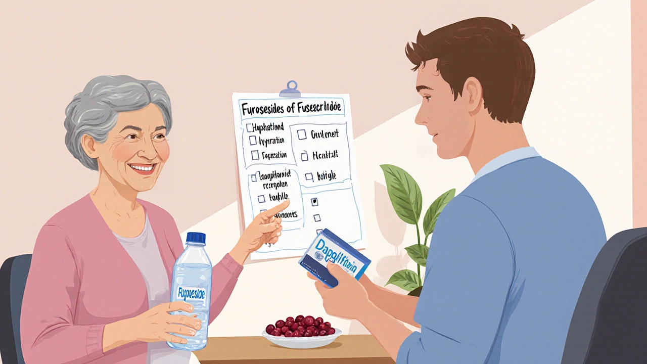 Doctor&#039;s office scene with patients Sarah and Mark discussing medication changes and hydration.