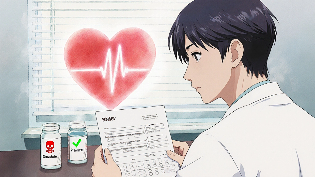 Doctor and patient reviewing statin options with genetic report and contrasting pills.