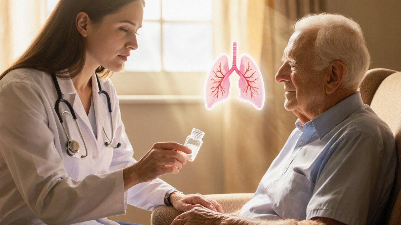 Doctor counseling a patient, showing a pill bottle with faint heart and lung overlays.