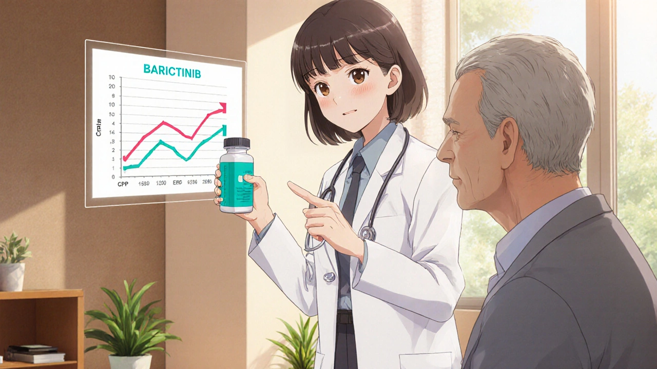 Doctor holding Baricitinib bottle while discussing lowered inflammation markers with patient.