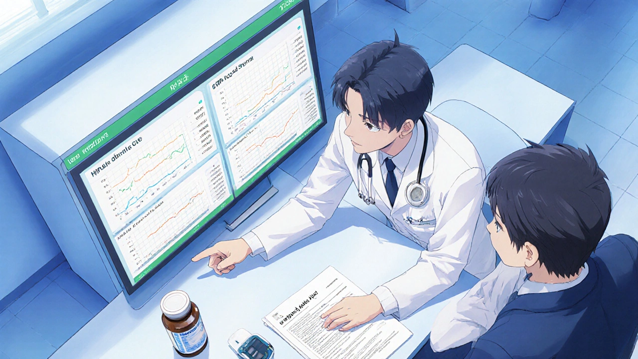 Doctor reviewing liver and kidney lab results with a diabetic patient, surrounded by folic acid tablets and a CGM display.