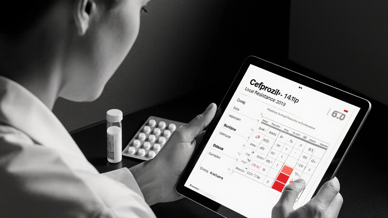 Doctor reviewing resistance data on tablet with Cefprozil blister and lab culture.