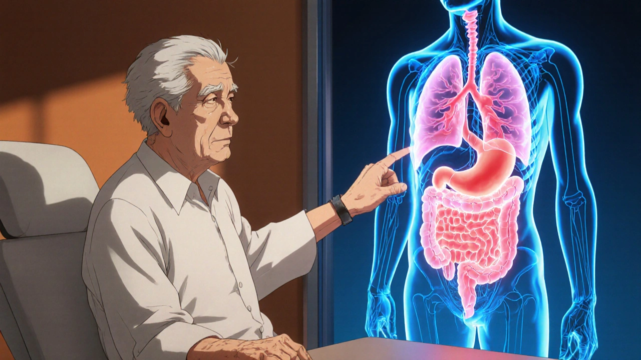 Doctor showing a glowing 3D model of stomach, brain, lungs, bladder to elderly patient.