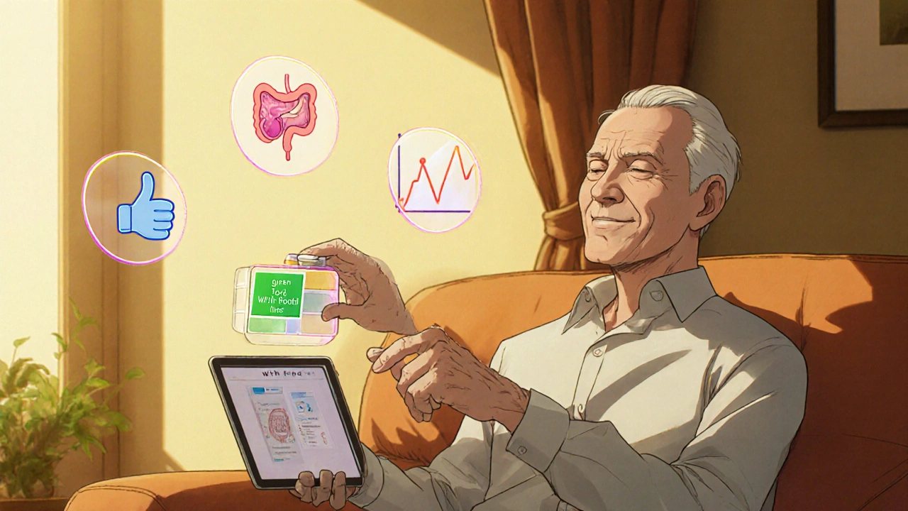 Elderly man organizing pills with color-coded system and AI helper