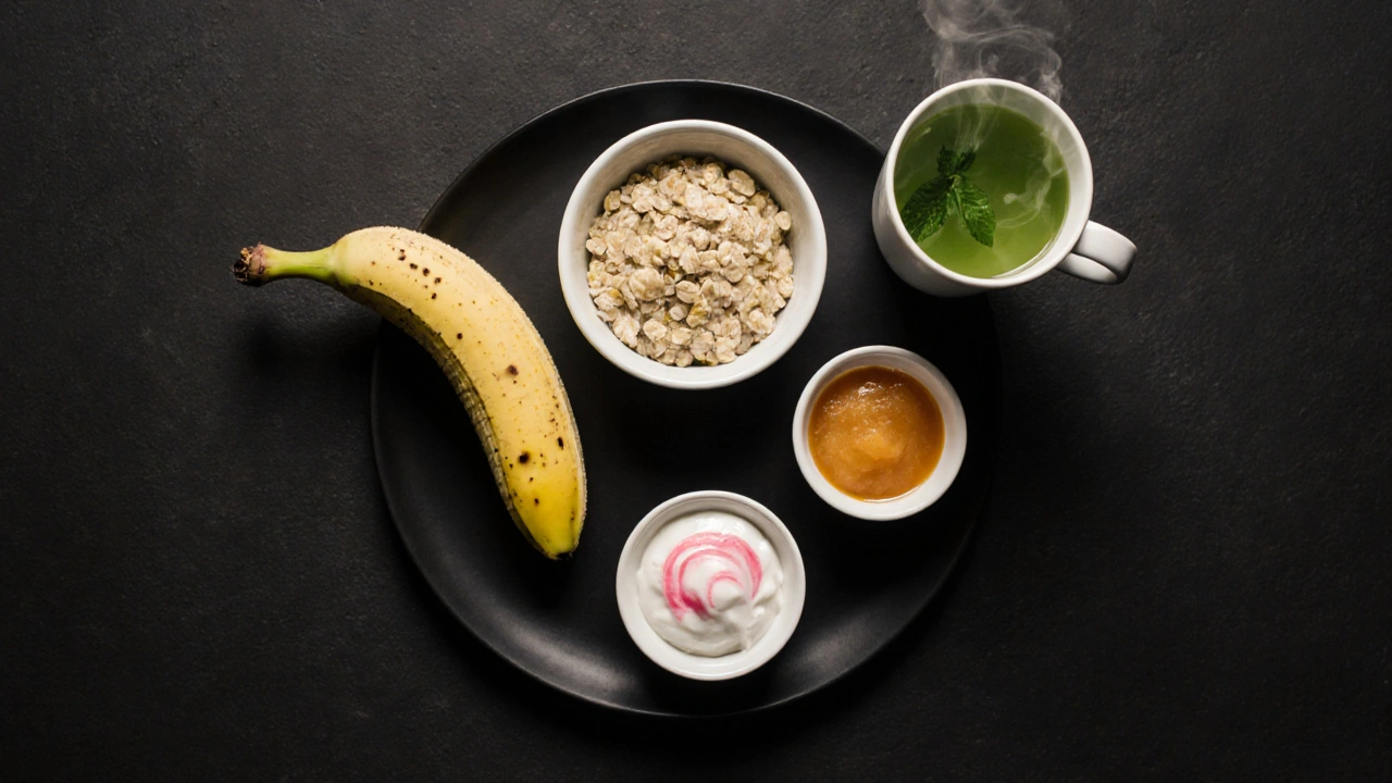 Flat lay of soothing foods: banana, oatmeal, ginger tea, yogurt, applesauce, peppermint tea.