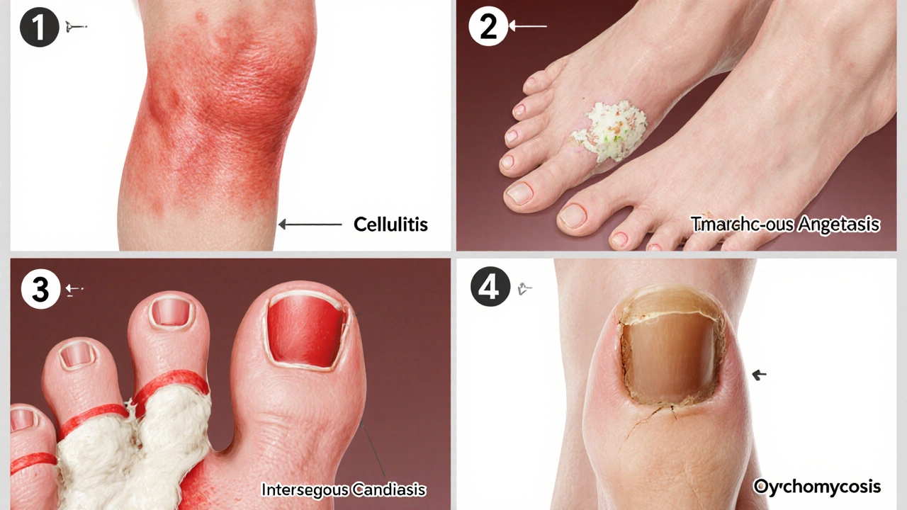 Four panels illustrating cellulitis, staph abscess, toe candidiasis, and thickened toenail.
