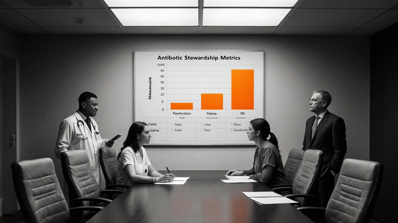 Healthcare team discussing stewardship metrics around a chart with orange highlight.