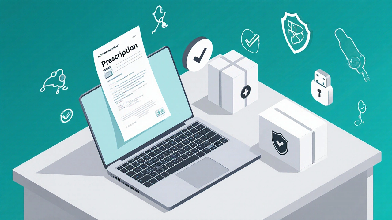 Illustration of a laptop with prescription upload, shipping box, and verification icons.