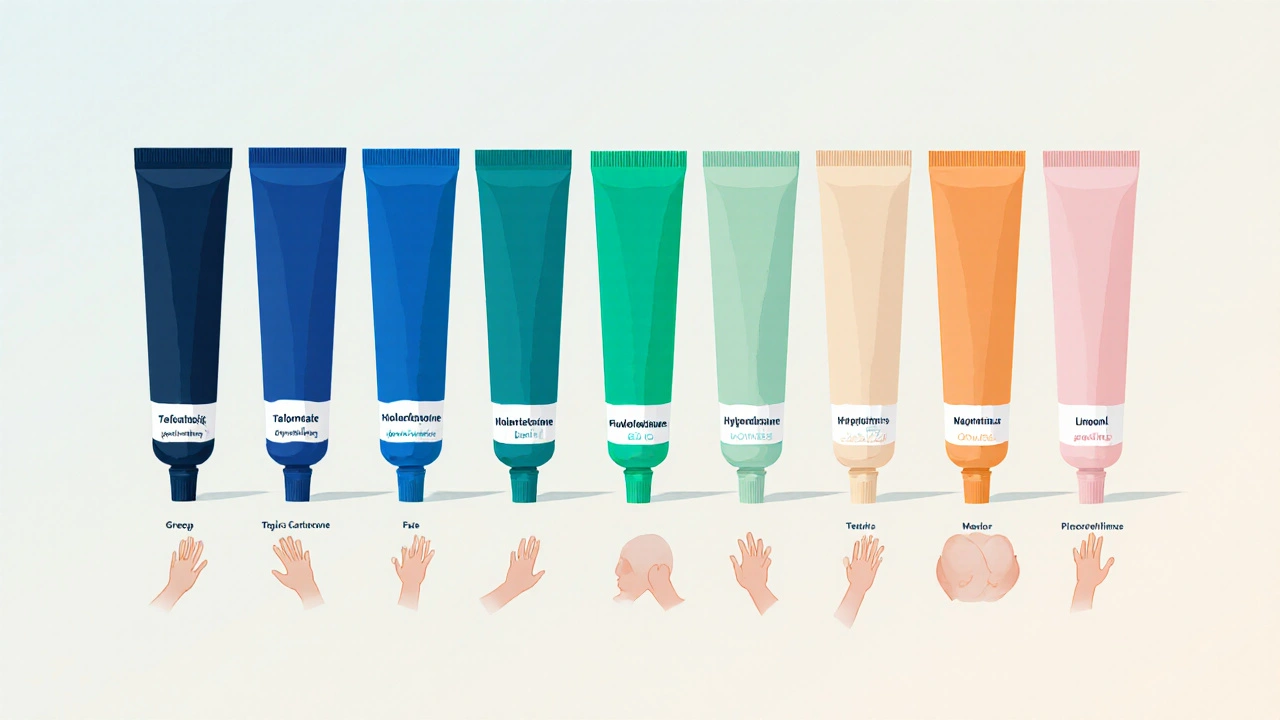 Lineup of medication tubes color‑coded by potency with body part silhouettes.
