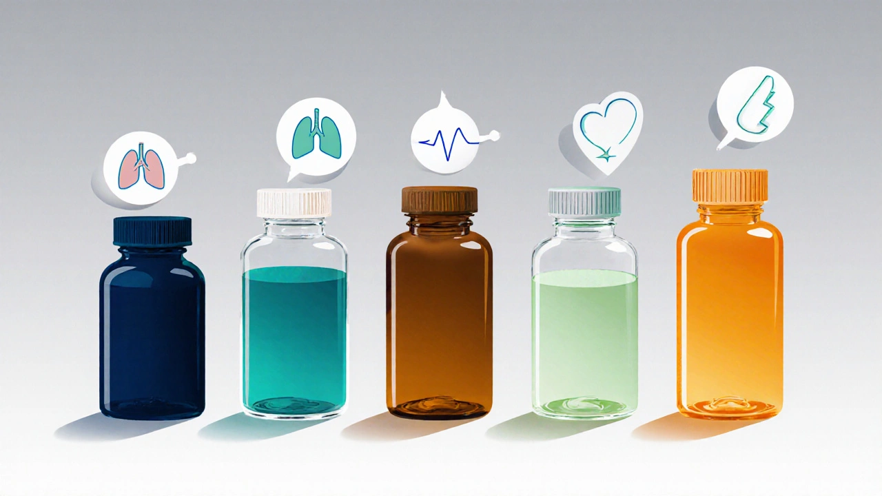 Lineup of six colorful medicine bottles with medical icons indicating their properties.