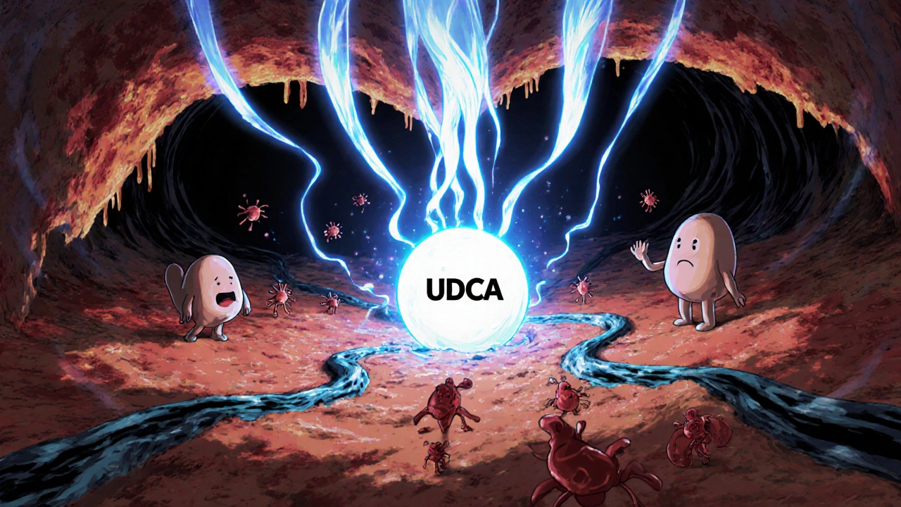 Liver landscape with blue ribbons of UDCA clearing dark bile ducts.