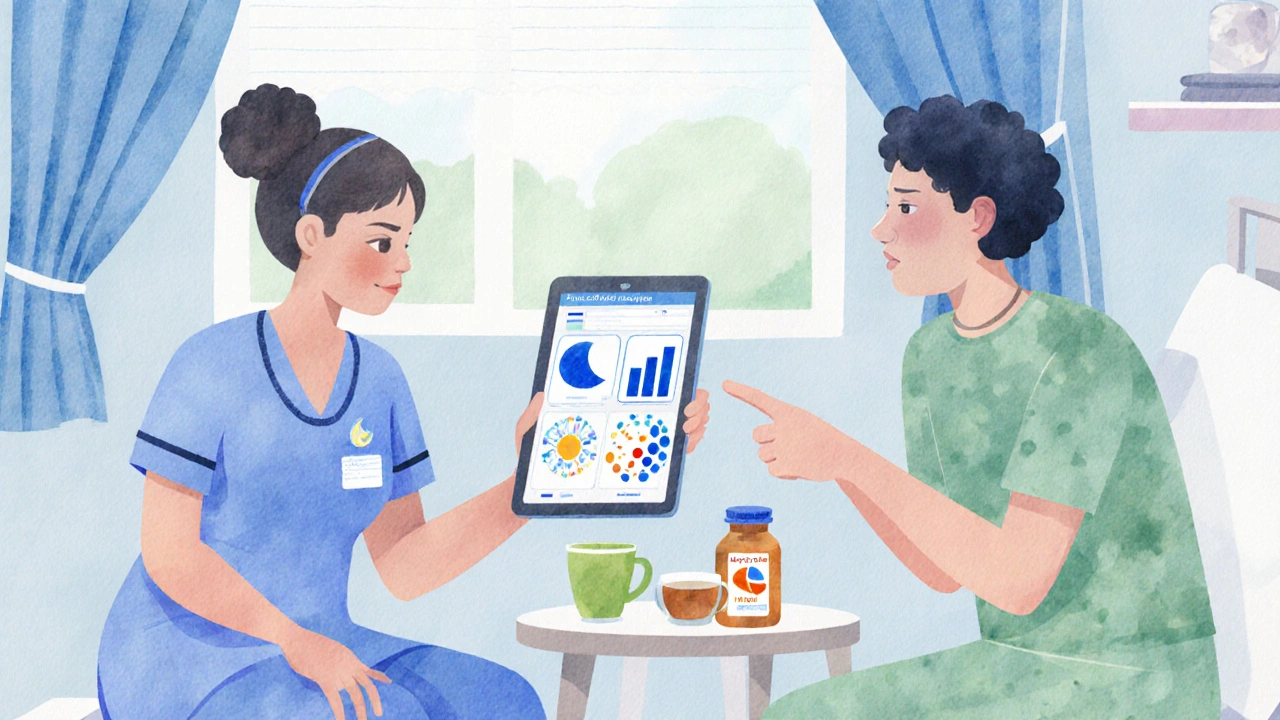 Nurse and patient reviewing sleep chart and medication on tablet.