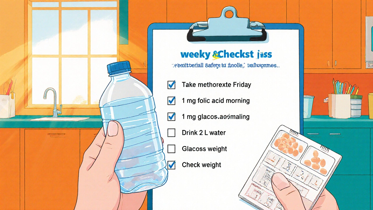Patient marking a weekly safety checklist, drinking water, taking folic acid, and logging glucose in an anime-style scene.