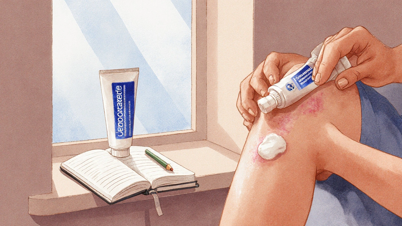 Person applying hydrocortisone cream at home while a Temovate tube stays on a shelf.