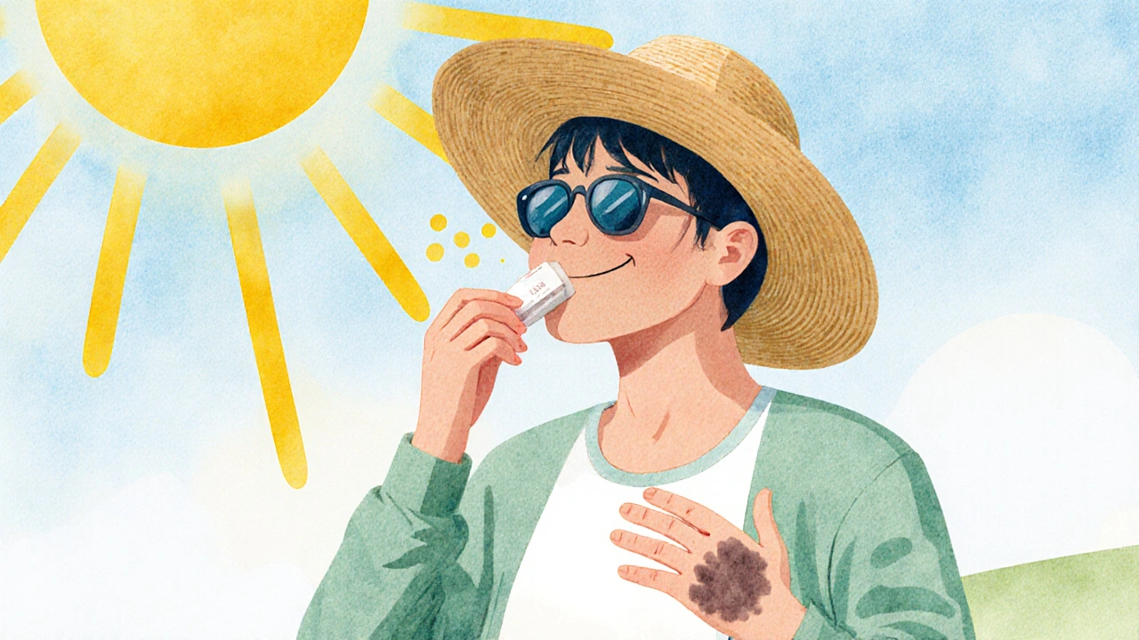Person applying sunscreen outdoors, wearing hat and sunglasses, with stylized sun rays illustrating UV protection.