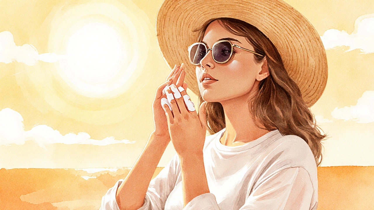 Person applying sunscreen outdoors while wearing a hat and sunglasses.