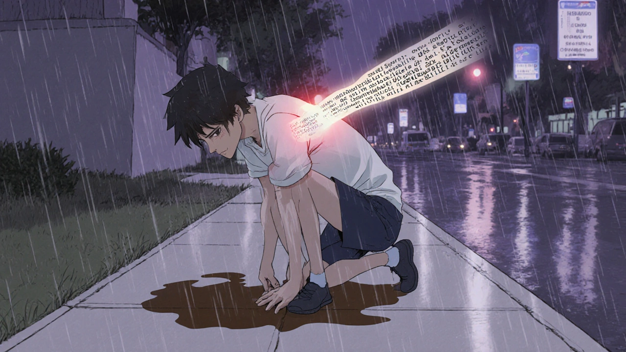 Person collapsing with dark urine on ground, glowing genetic code above them.