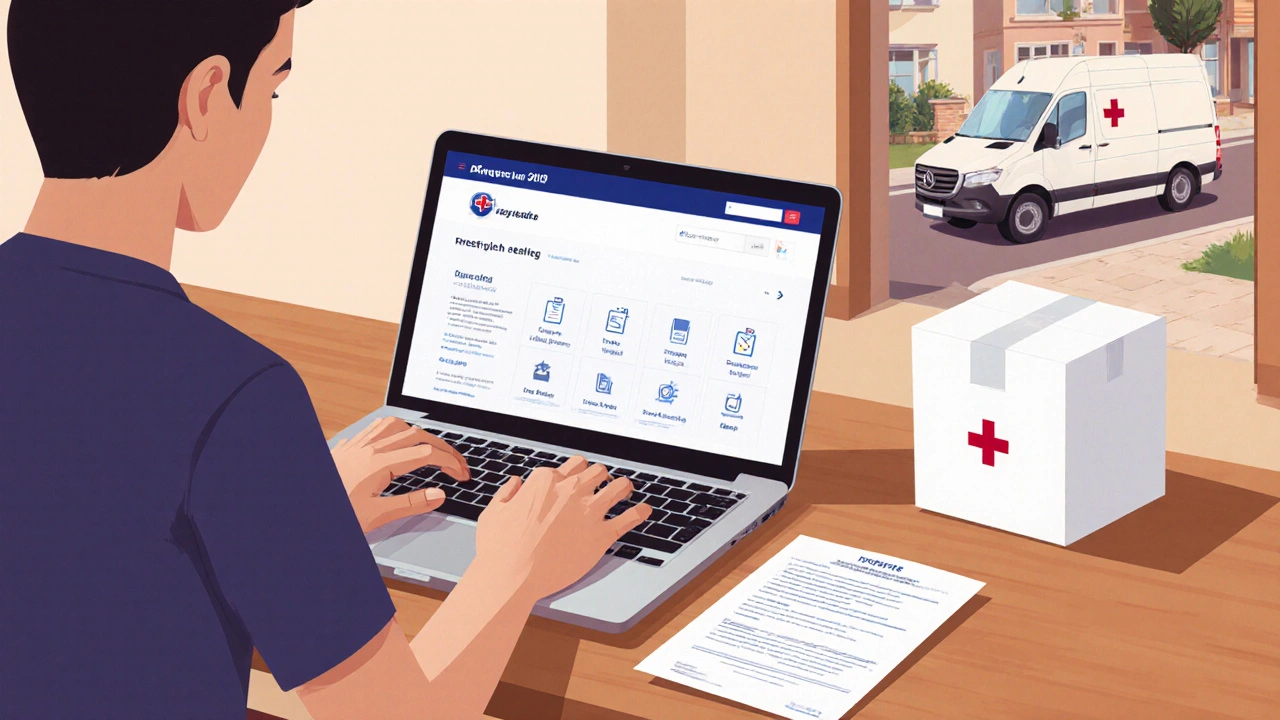 Person ordering generic celecoxib online at home, with laptop, prescription scan, and delivery parcel on doorstep.