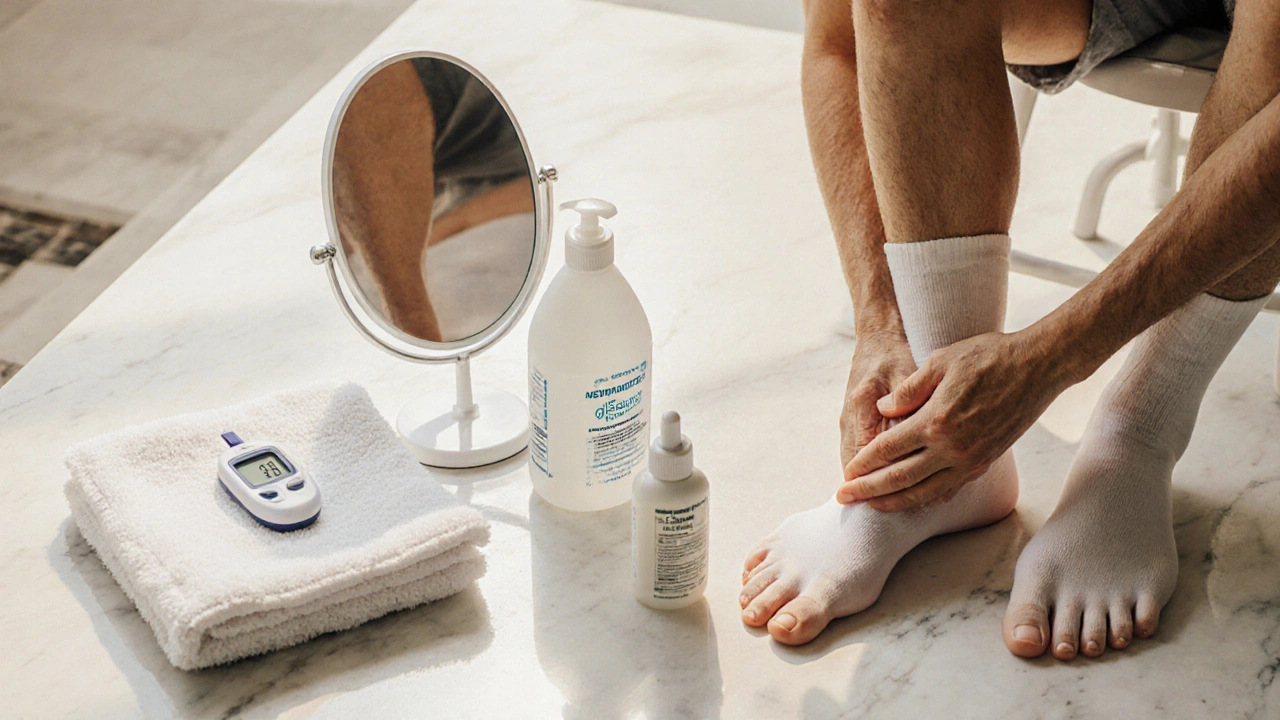 Person with diabetes checking feet in a bright bathroom, using a mirror and foot care items.