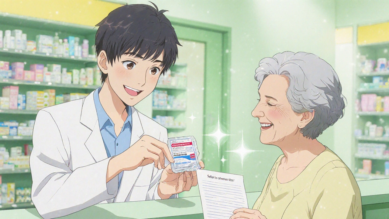 Pharmacist giving acetaminophen to smiling elderly woman holding a medication list.