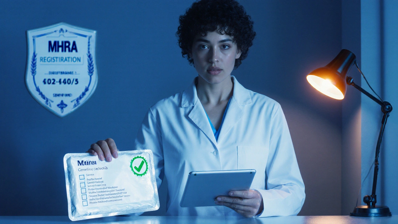 Pharmacist reviewing a sealed generic celecoxib package beside a MHRA badge, emphasizing safety and legitimacy.