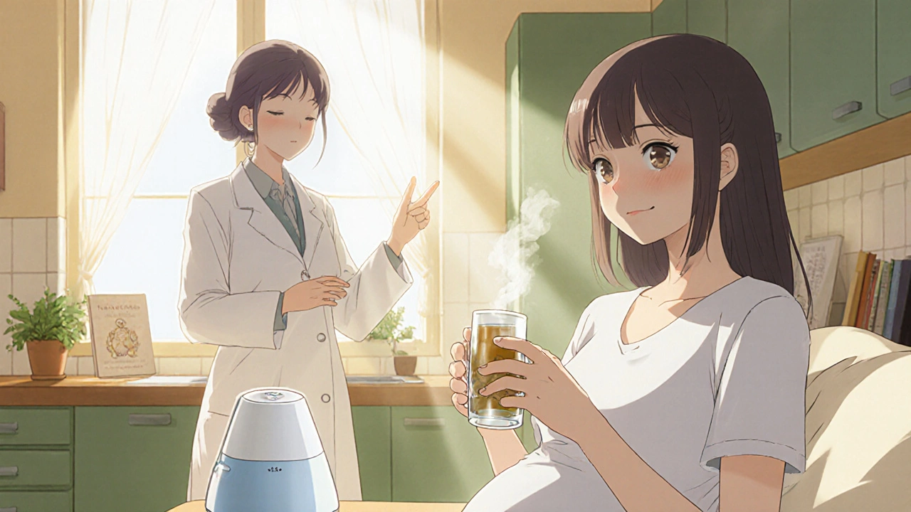 Pregnant woman using a saline spray beside a humidifier, reassured by a smiling midwife.