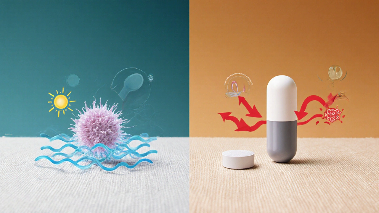 Split illustration comparing Esbriet tablets and nintedanib capsule with lung cell graphics.