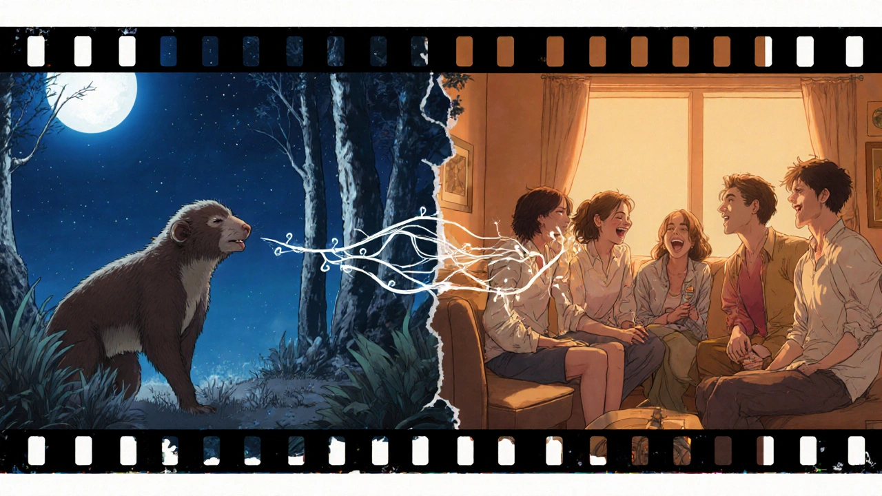 Split scene of ancient animal hiccup and modern friends laughing, linked by glowing nerves.