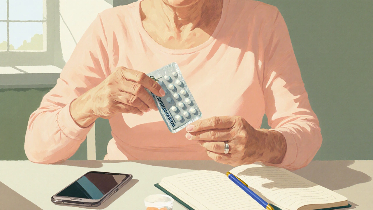 Woman checking a pill pack at home while writing in a health journal, with soft lighting.