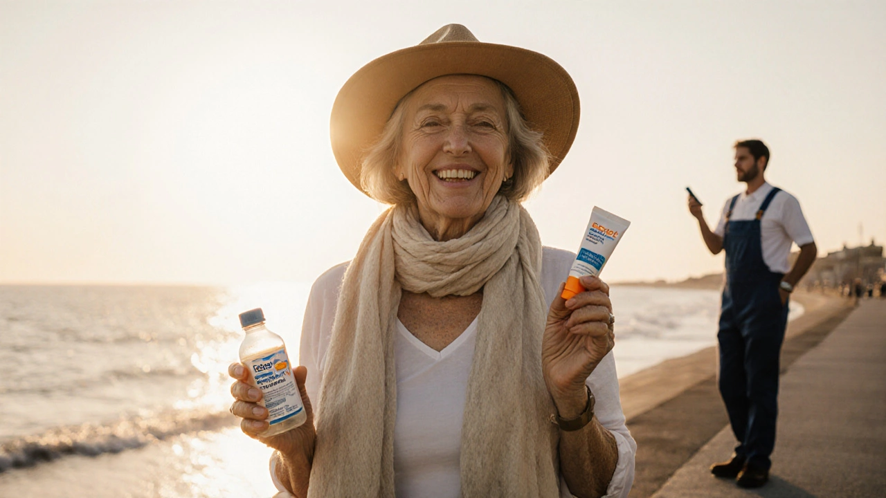 Woman in hat on seaside holding Esbriet bottle and sunscreen at sunset.