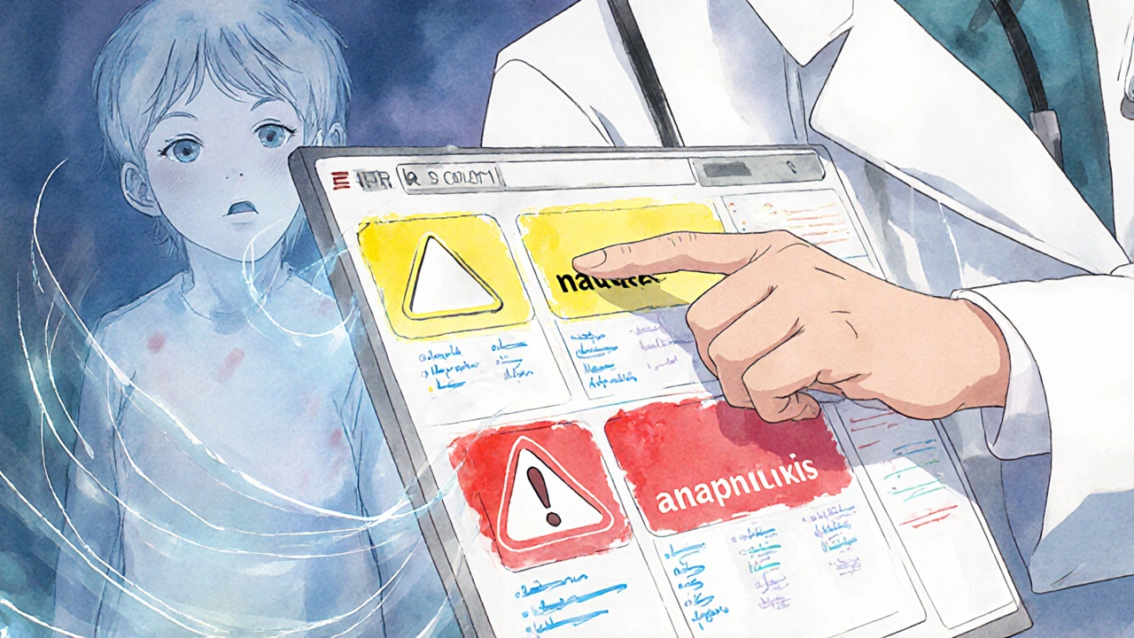 A doctor points at an EHR interface showing color-coded drug reactions with fading childhood allergy icons.