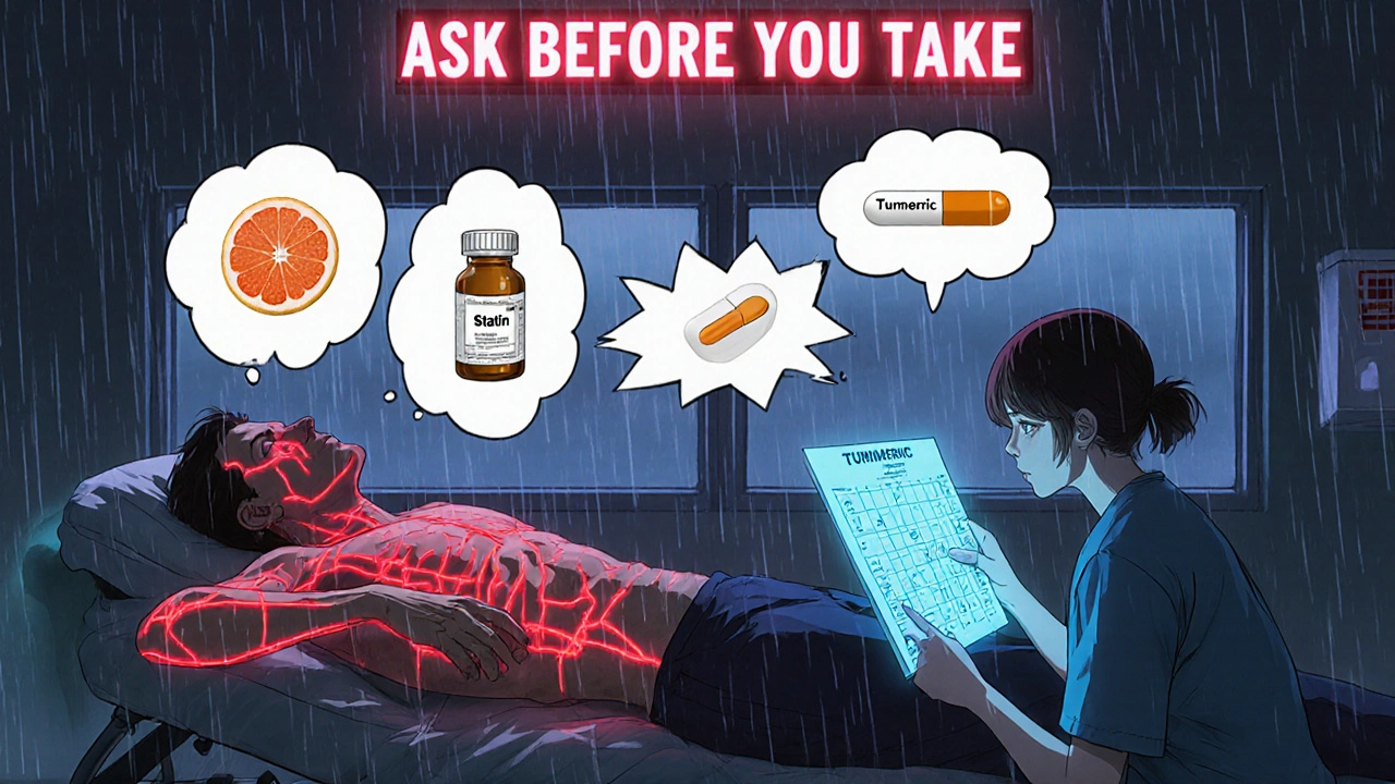 A man lies unconscious in an ER, his body glowing with dangerous interactions, while a pharmacist holds a safe medication chart.