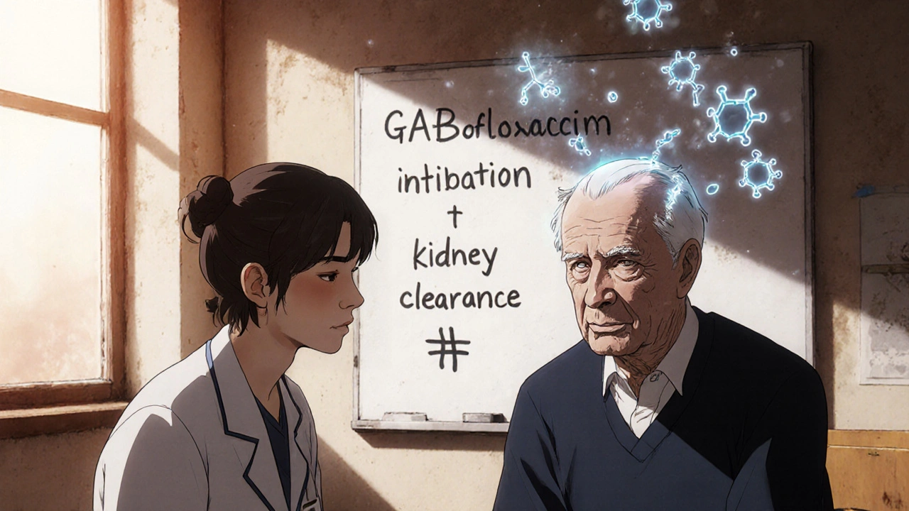 A nurse beside an confused elderly man, with ghostly antibiotic molecules drifting into his head under soft hospital light.