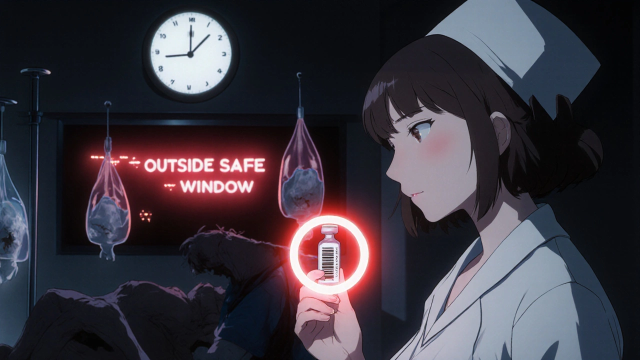 A nurse scanning insulin with a red warning alert on the clock, in a dim hospital room with flickering IV bags.