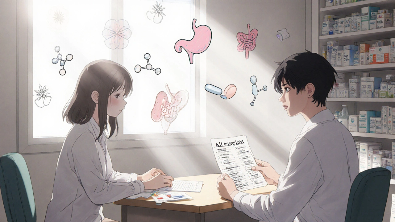 A patient and pharmacist review a detailed allergy list with dissolving drug icons, bathed in warm sunlight.