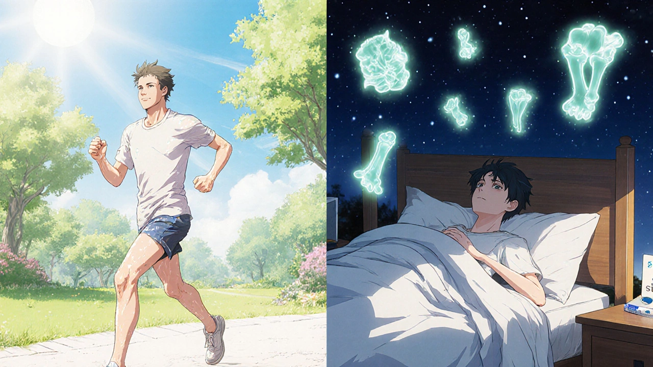 A patient jogging in sunlight while ghostly withdrawal symptoms hover around them at night, a steroid alert card on the nightstand.