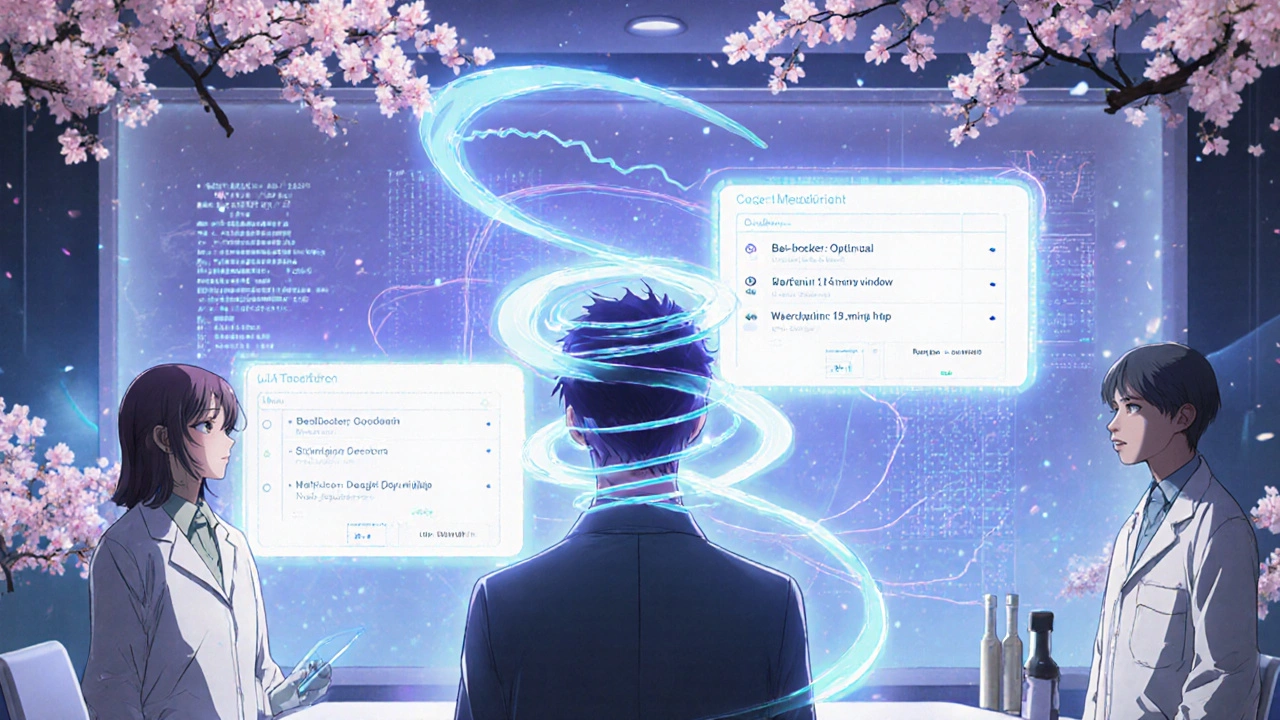 A patient with glowing gene strands projecting personalized medication timing windows on a hologram.