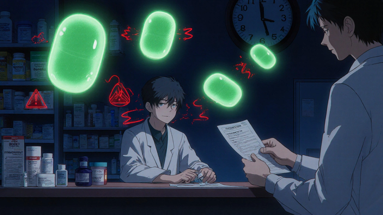 A pharmacy scene with antiviral pills glowing above the counter, a clock showing 1:17 AM, and fading cold remedies in the background.
